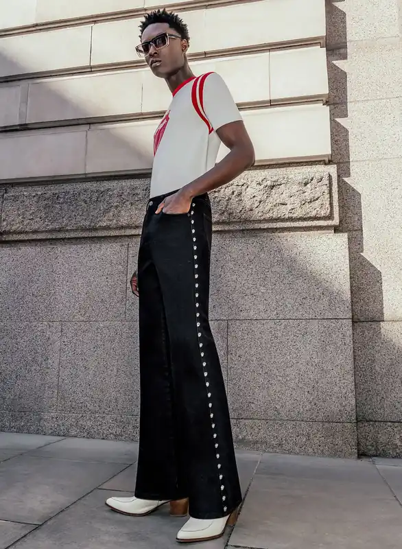 Phix X Rolling Stones Black Leg Studded Logo Denim Flare - Trousers