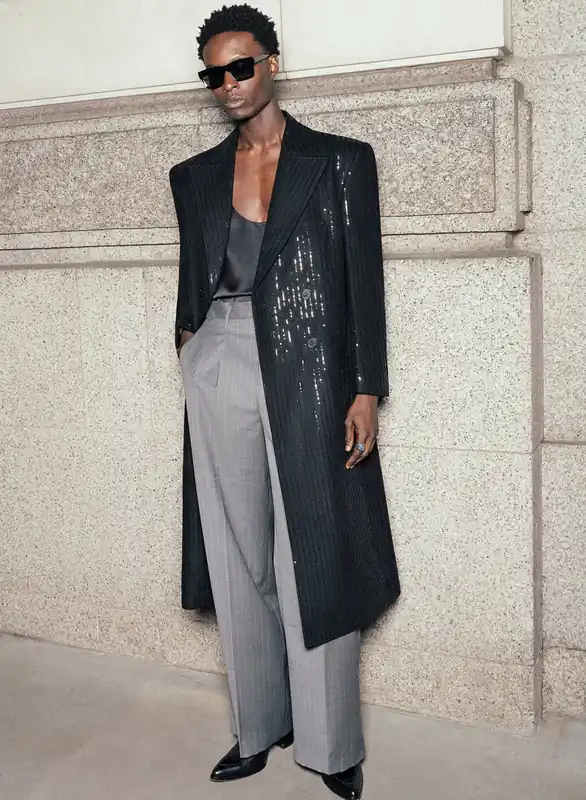Double Breasted Sequin Embellished Long Length Stripe Wool Coat - Jackets & Coats