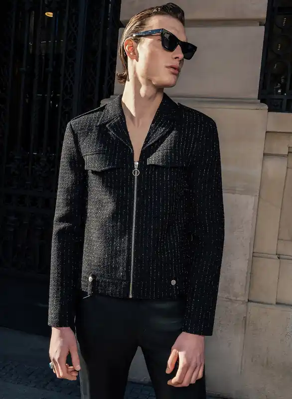 Black Silver Pinstripe Double Pocket Zip Wool Jacket - Jackets & Coats