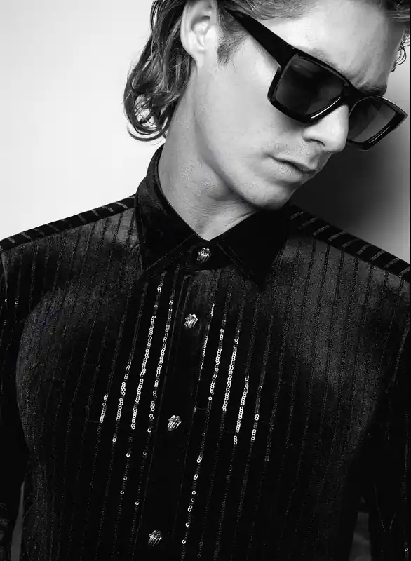 Phix X Rolling Stones Metal Tongue Button Sequin Pinstripe Velvet Shirt - Shirts
