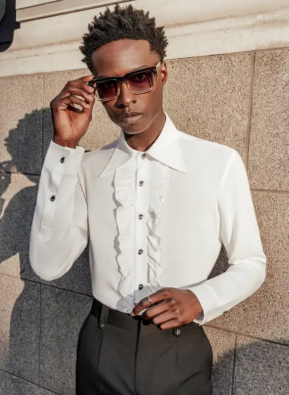 Phix X Rolling Stones Metal Tongue Button White Ruffle Viscose Shirt - Shirts