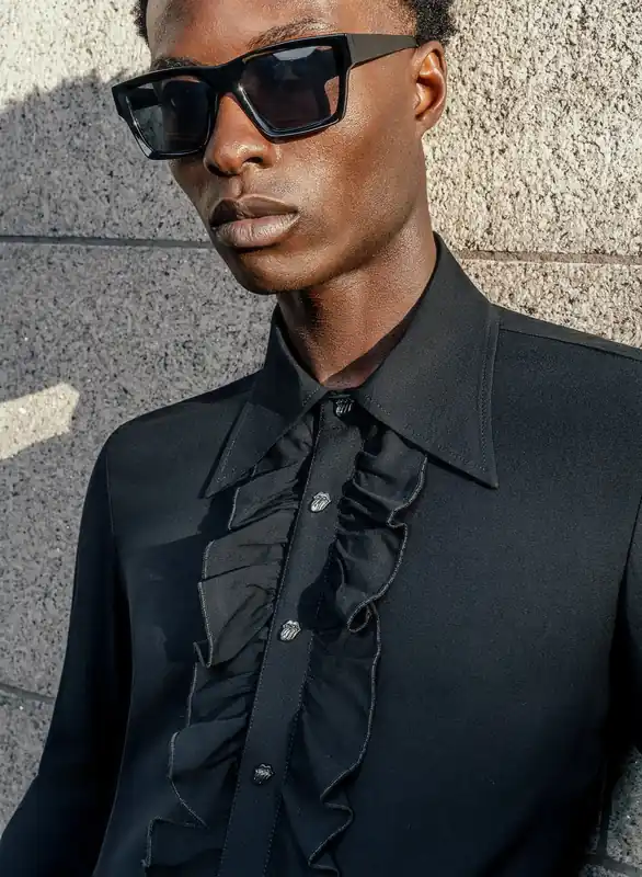 Phix X Rolling Stones Metal Tongue Button Black Ruffle Viscose Shirt - Shirts