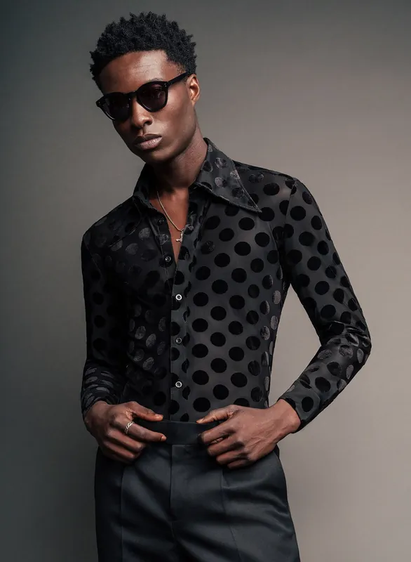 Black Polka Dot Dagger Collar Velvet Shirt - Shirts