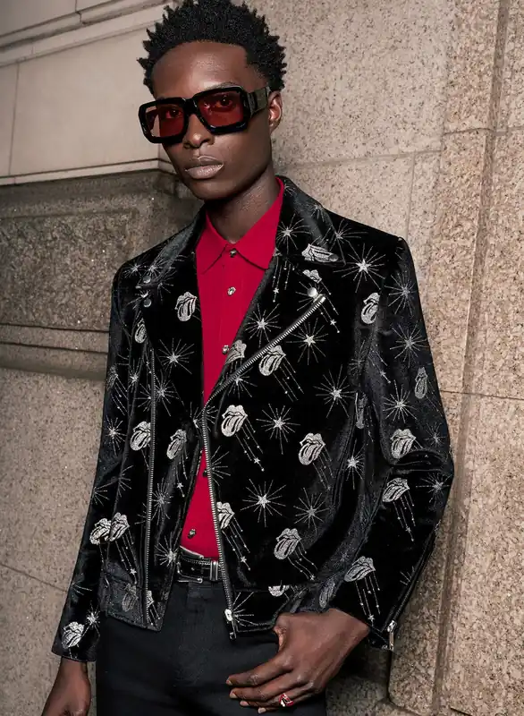 Phix X Rolling Stones Black Velvet Silver Tongue Biker Jacket - Jackets & Coats