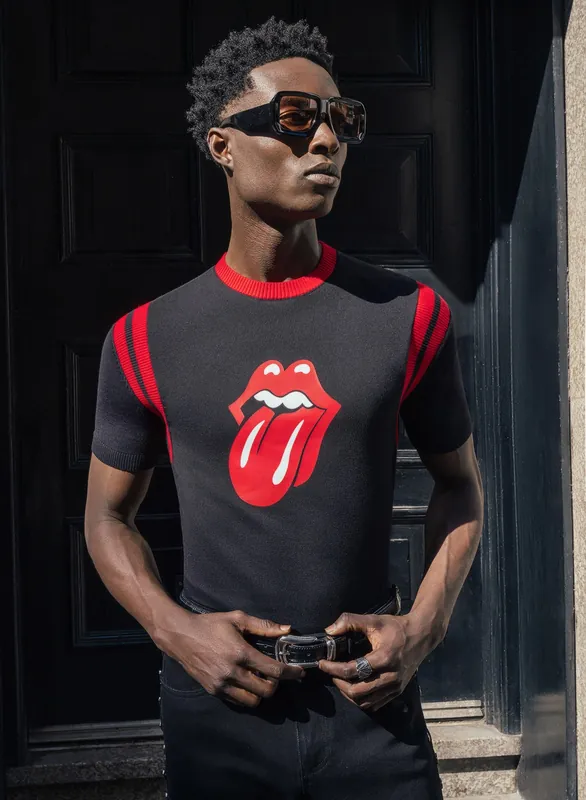Phix X Rolling Stones Black Cotton Tongue Ribbed 70's Polo Shirt - Shirts