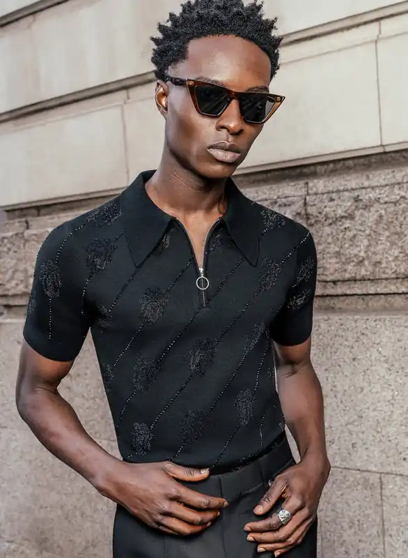 Phix X Rolling Stones Black Rhinestone Tongue Cotton Polo - Shirts