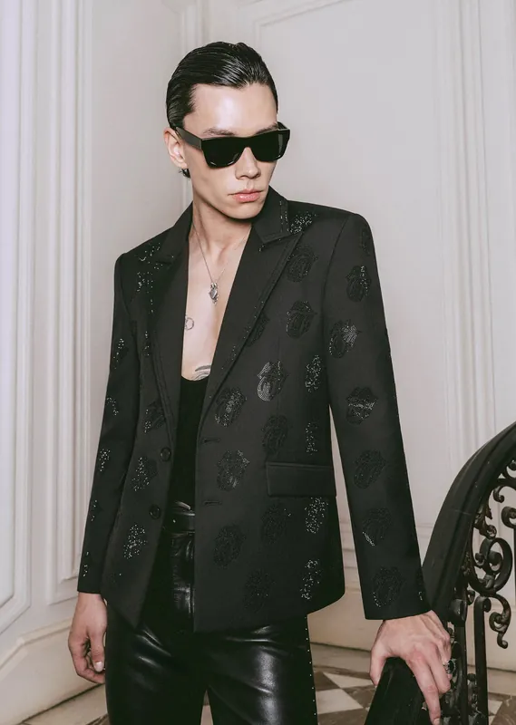 Phix X Rolling Stones Black Rhinestone Tongue Blazer - Jackets & Coats
