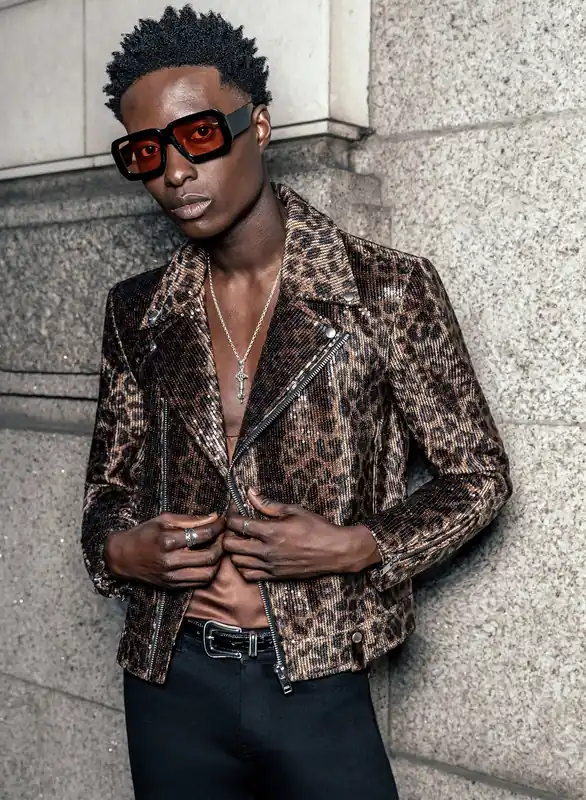 Brown Leopard Print Sequin Biker Jacket - Jackets & Coats