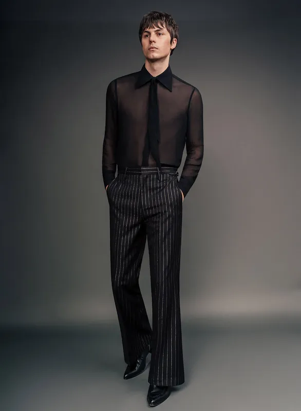 Black Silver Wool & Silk Pinstripe Buckle Flares - Trousers