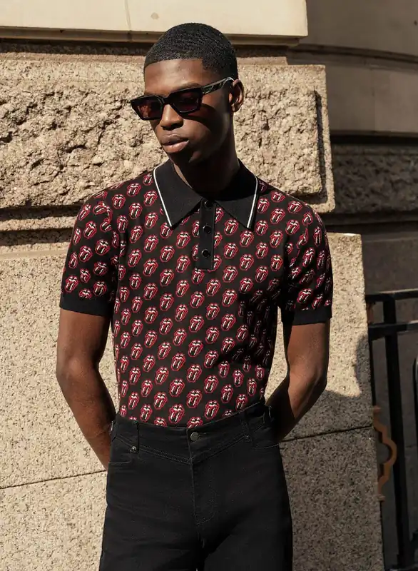 Phix X Rolling Stones Black Knitted Tongue Pattern Polo - Shirts