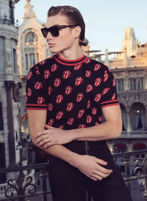 Phix X Rolling Stones Black Knitted Red Tongue Pattern Polo - Shirts