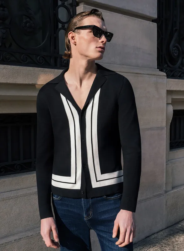 Black 50's Long Sleeve Shirt with White Stripe Border - Shirts
