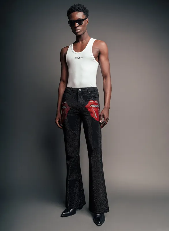 Phix X Rolling Stones Denim Rhinestone Red Tongue Denim Flares - Trousers