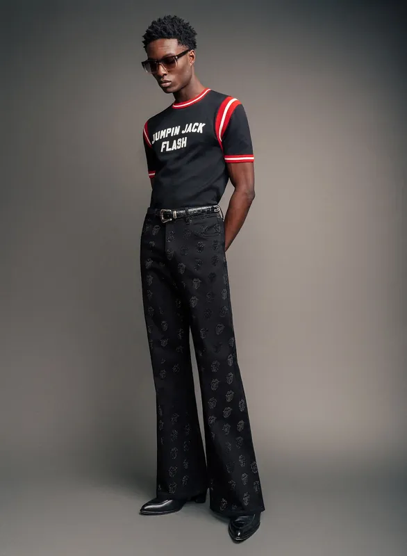 Phix X Rolling Stones Denim Rhinestone Tongue Denim Flares - Trousers