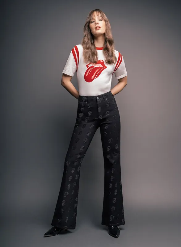 Phix X Rolling Stones Denim Rhinestone Tongue Denim Flares - Trousers