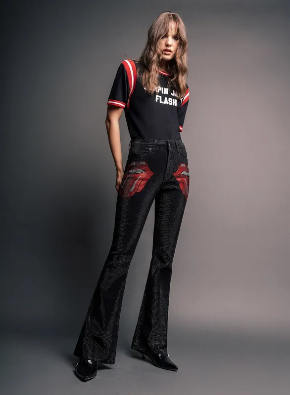 Phix X Rolling Stones Denim Rhinestone Red Tongue Denim Flares - Trousers