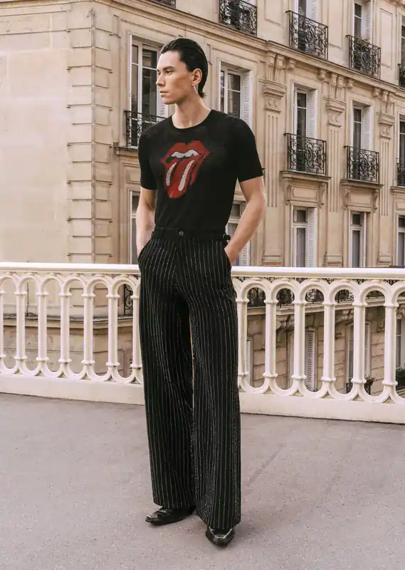 Black Rhinestone Pinstripe Wide Leg Side Buckle Jeans - Trousers