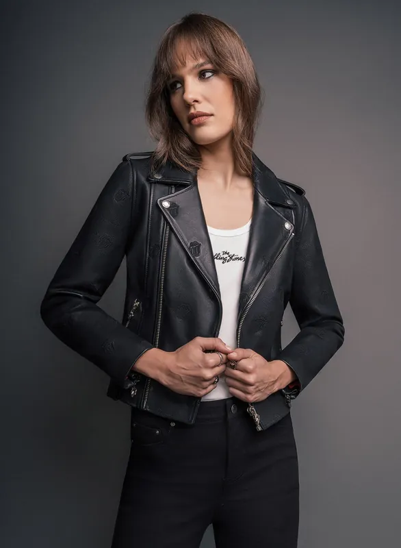 Phix X Rolling Stones Tongue Embroidered Leather Biker Jacket - Jackets & Coats