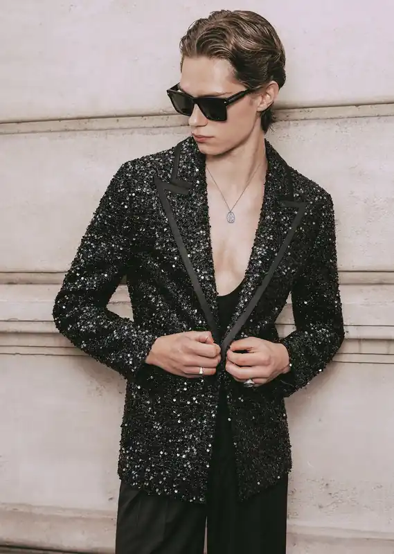 Black Sequin With Satin Trim Lapel Blazer - Jackets & Coats