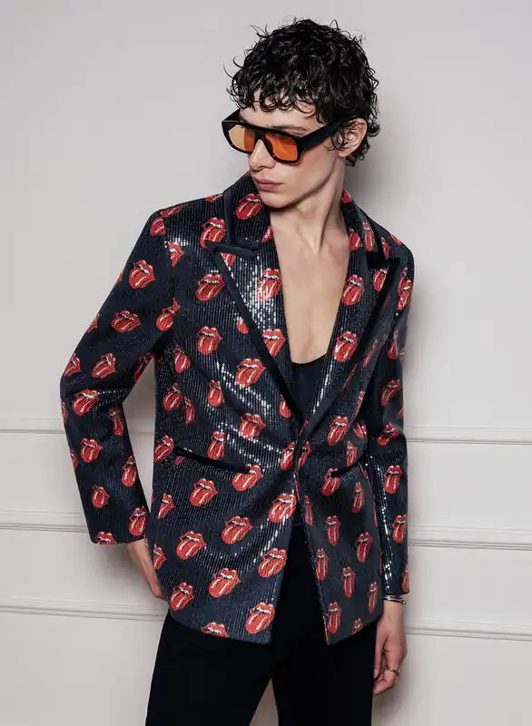 Phix X Rolling Stones Tongue Logo Sequin Embellished Velvet Blazer - Jackets & Coats