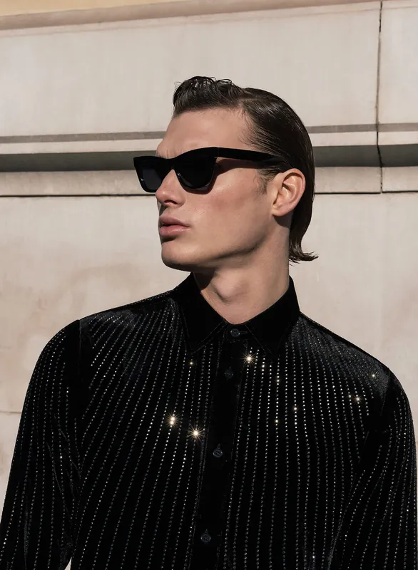 Black Silk Velvet Sequin Button Down Shirt - Shirts