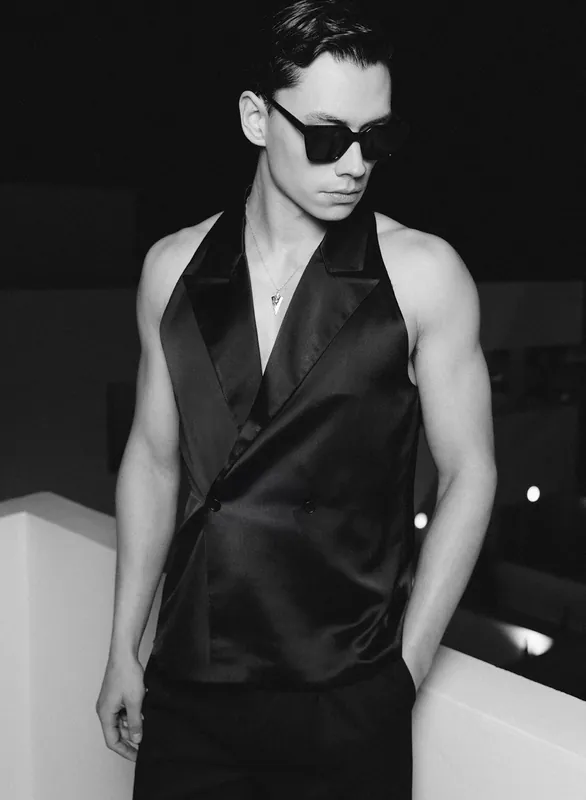 Black Satin Double Breasted Sleeveless Shirt - Shirts