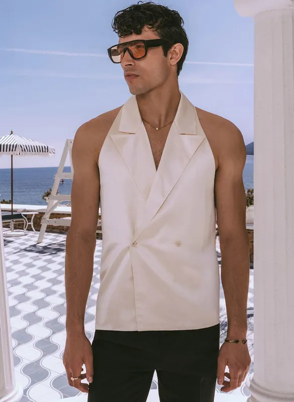 Pearl Satin Double Breasted Sleeveless Shirt - Shirts