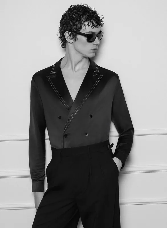Black Double Breasted Rhinestone Lapel Trim Satin Shirt - Shirts