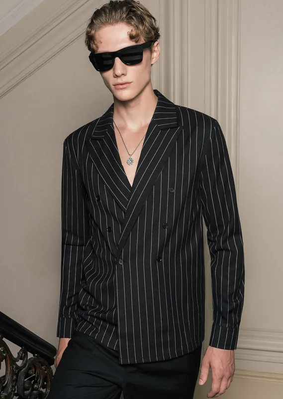 Black Pinstripe Double Breasted Black Button Shirt - Shirts