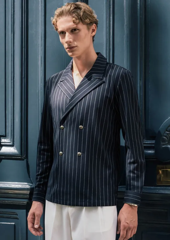 Dark Navy Double Breasted Pinstripe Shirt - Shirts