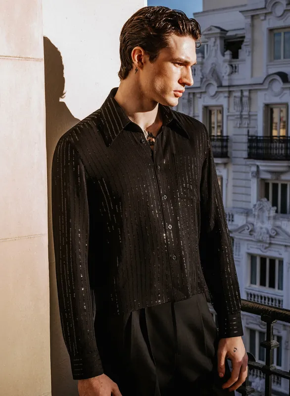 Black Cropped Sequin Pinstripe Viscose Shirt - Shirts