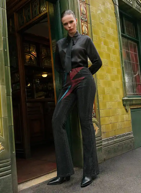 Phix X David Bowie Women's Black Rhinestone Lightning Bolt Flared Jeans - Trousers