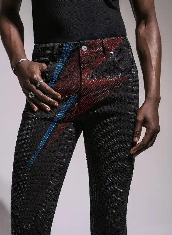 Phix X David Bowie Men's Black Rhinestone Lightning Bolt Flared Jeans - Trousers