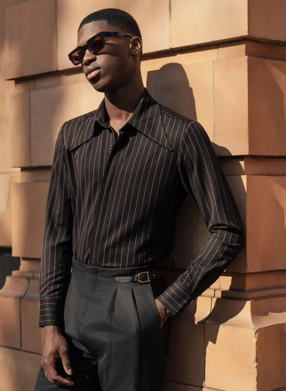Black Pinstripe Dagger Collar Shirt - Shirts