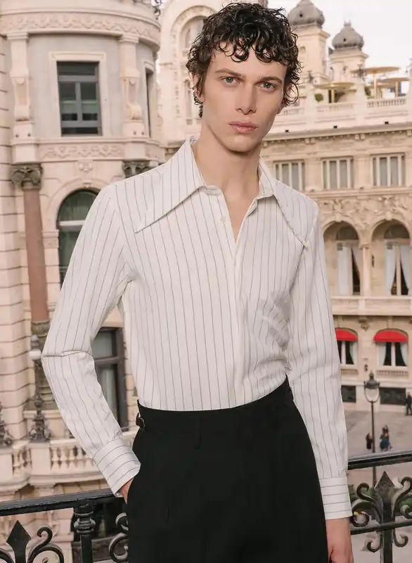 White Pinstripe Dagger Collar Shirt - Shirts