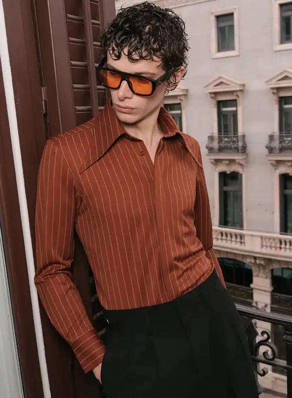 Orange Pinstripe Dagger Collar Shirt - Shirts