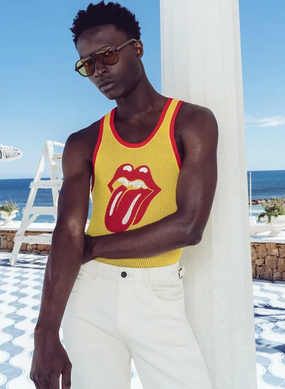 Phix X Rolling Stones Yellow Ribbed Tongue Logo Vest - Shirts