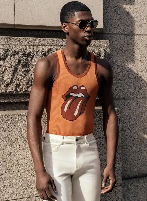 Phix X Rolling Stones Brown Ribbed Tongue Logo Vest - Shirts