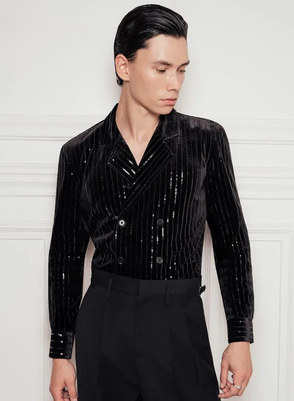Black Velvet Sequin Pinstripe Double Breasted Shirt - Shirts