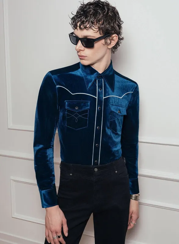 Blue Velvet Western Piped Shirt - Shirts