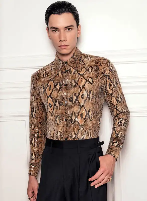 Brown Snake Effect Sequin Shirt - Shirts