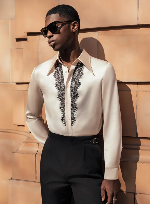 Pearl Satin Black Lace Lapel Shirt - Shirts