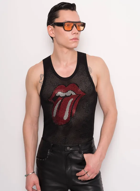 Phix X Rolling Stones Black Rhinestone Tongue Vest - Shirts