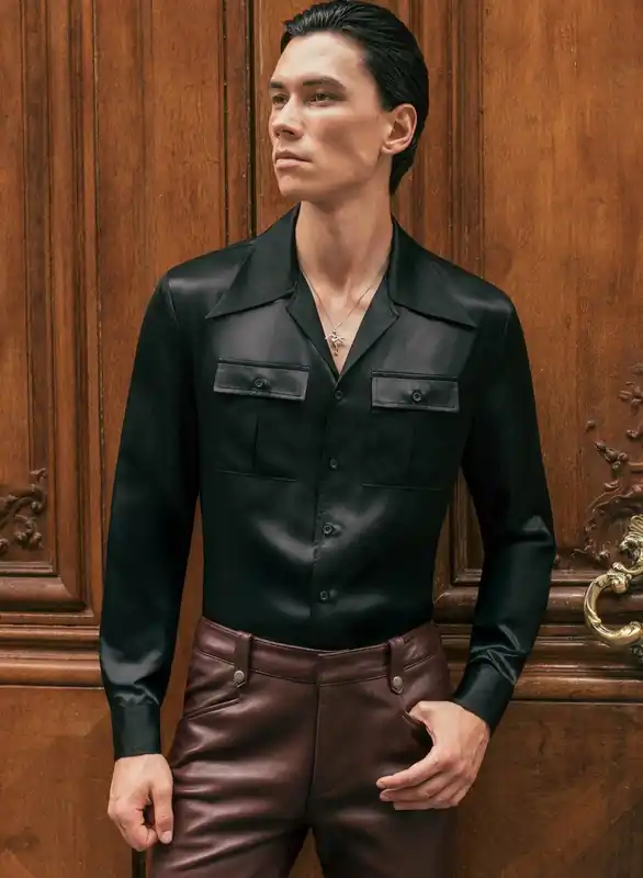Black Silk Long Sleeve Cuban Collar Shirt - Shirts