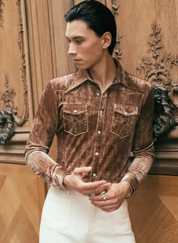 Brown Velvet 70s Western Dagger Collar Shirt - Shirts
