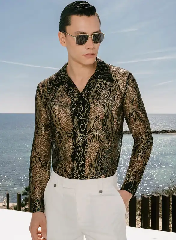 Black Lace Gold Long Sleeve Cuban Peacock Shirt - Shirts