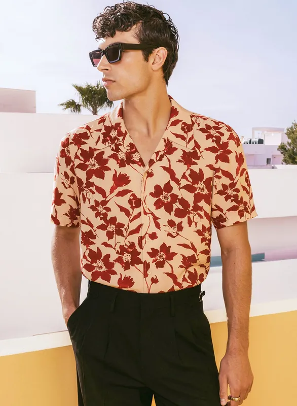 Red Floral Print Short Sleeve Cuban Shirt - Shirts