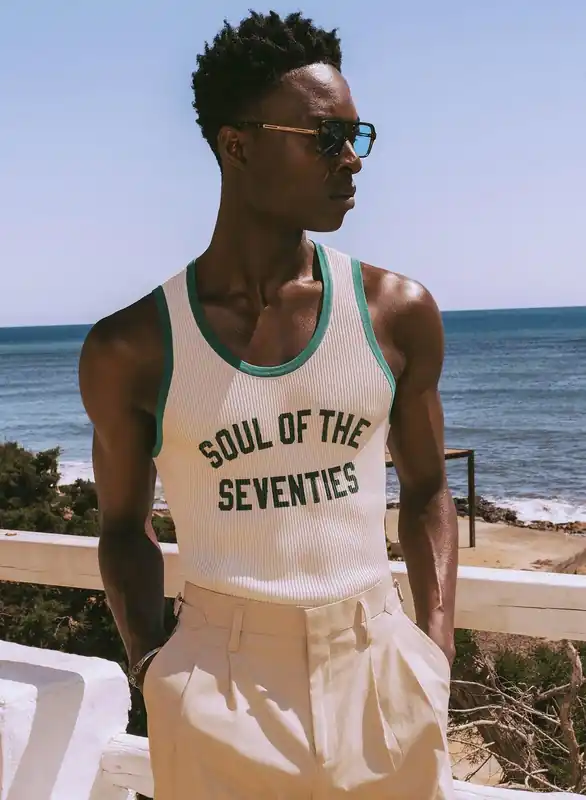 Soul of the Seventies Off White Green Trim Ribbed Vest - Shirts