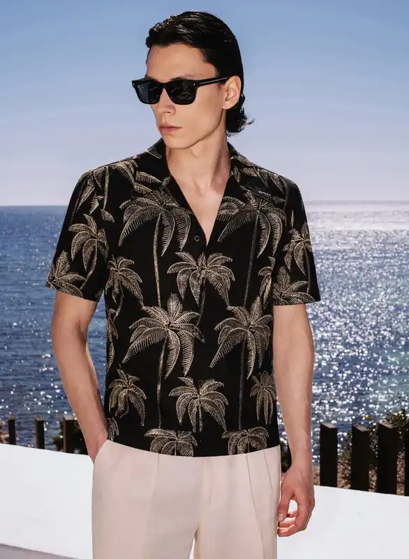Black Viscose Gold Palm Embroidery Cuban Shirt - Shirts