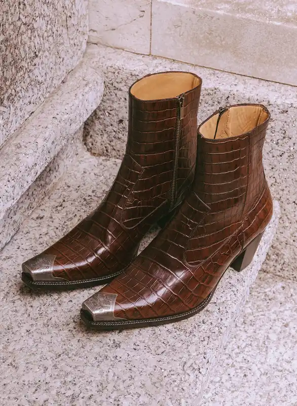 Brown Western Croc Effect Metal Toe 60mm Boot - Footwear